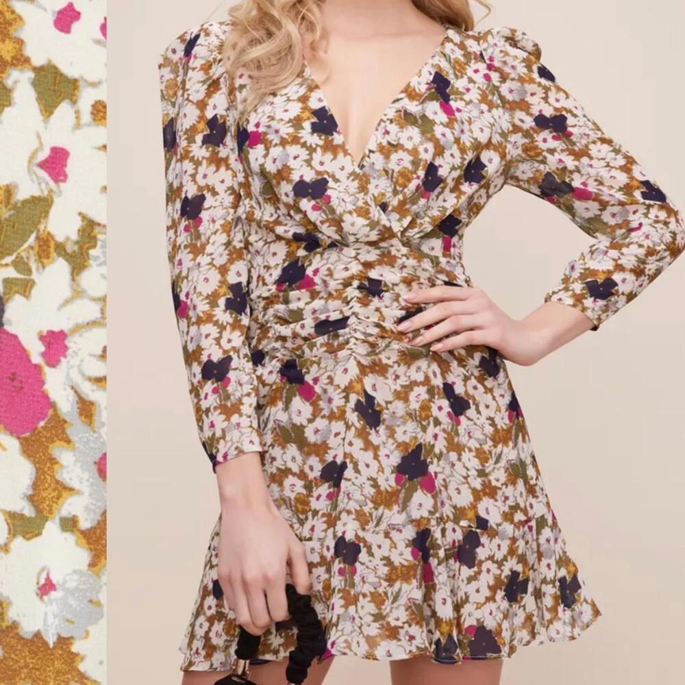 ASTR Olive Floral Ruched Mini Dress Surplice Neck Size S NWT - Picture 2 of 15